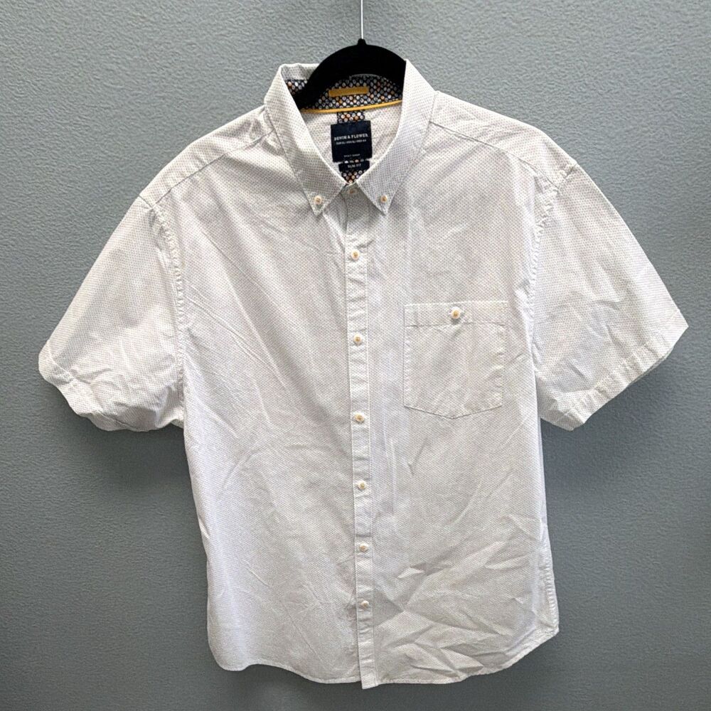 Denim & Flower Men’s XL White Polka Dot Slim Fit Short Sleeve Button-Down Shirt